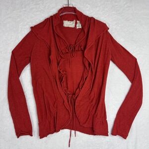 Sparrow Womens Ruffle Front Cardigan‎ Sweater Boho Chic Knit Orange Red Small